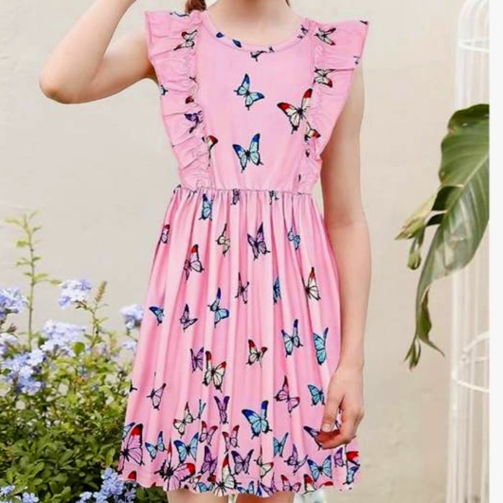 Toddler Girl Dress for Kids Summer Beach Dress Ruffle Sleeveless Tie Back Sz 5-6
